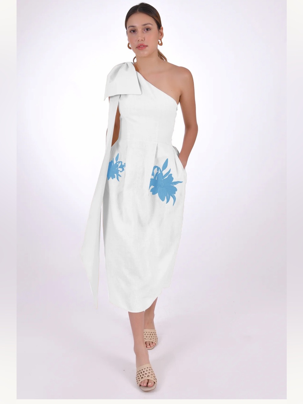 Fanm Mon New One-Shoulder White Midi Dress with Blue Floral Accents. Size Small.